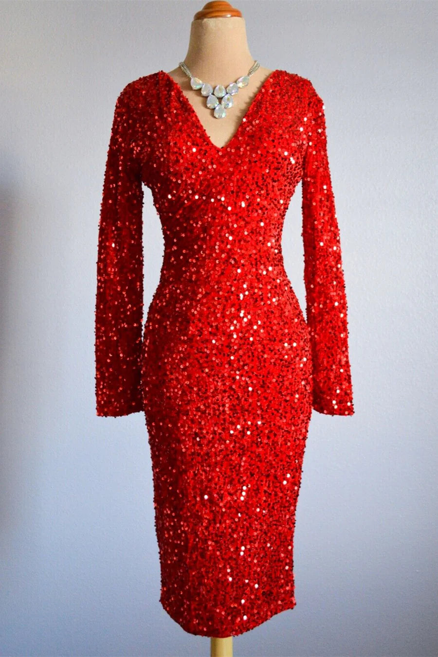 Red Bodycon Long Sleeves Sparkly Knee Length Formal Dress
